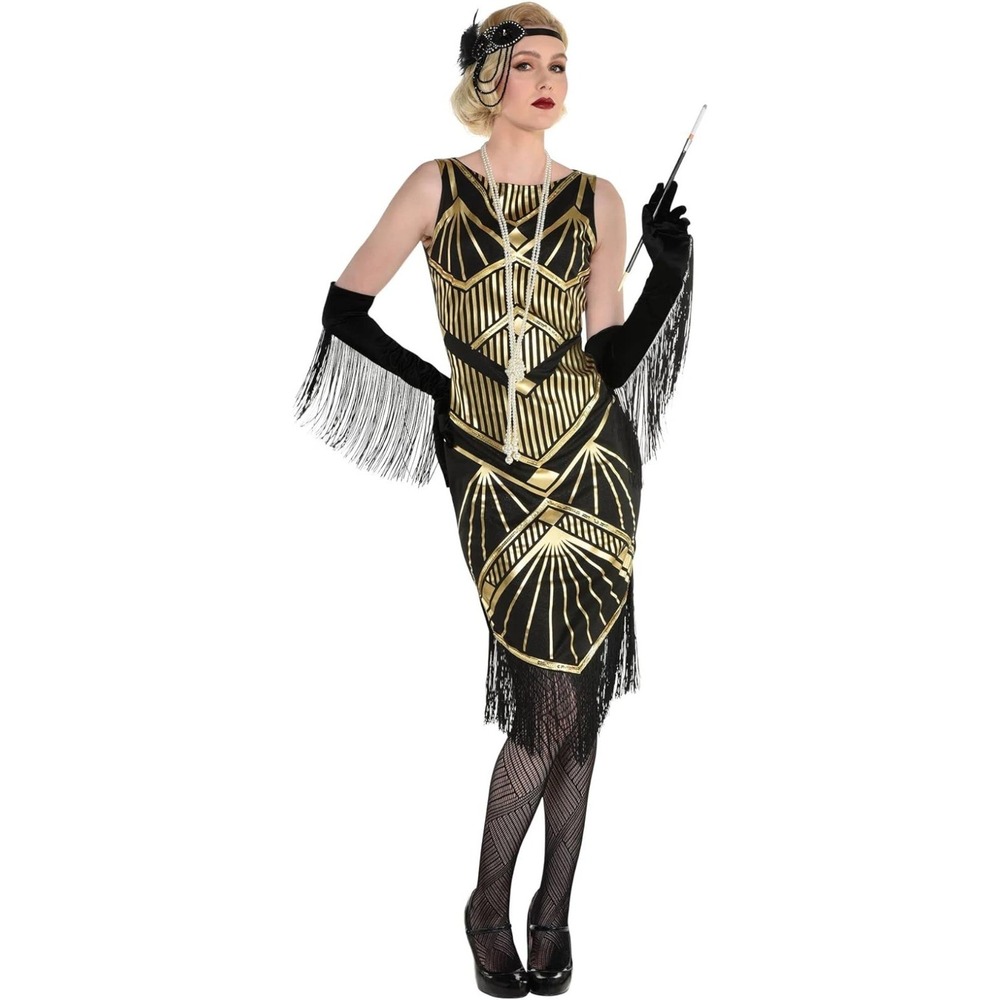 Roaring 20s Flapper Girl Gatsby Black & Gold Woman's Costume Halloween S 2-4